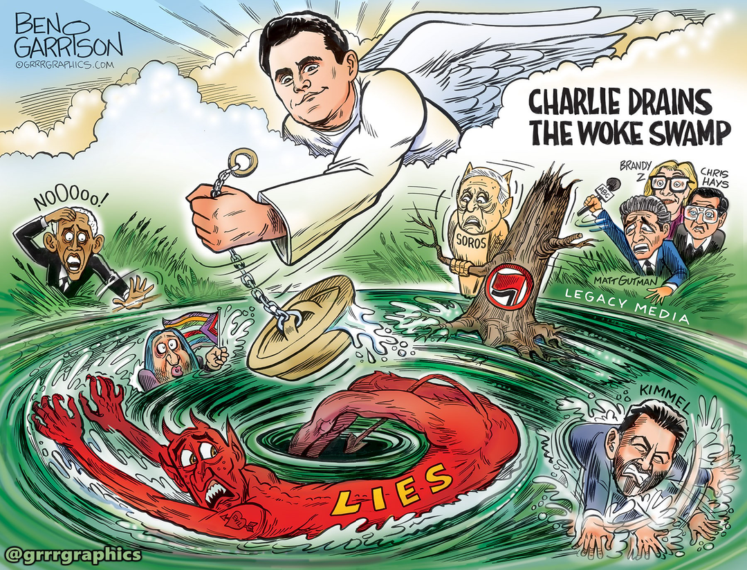 Charlie Kirk Drains The WOKE Swamp From Above panel 1